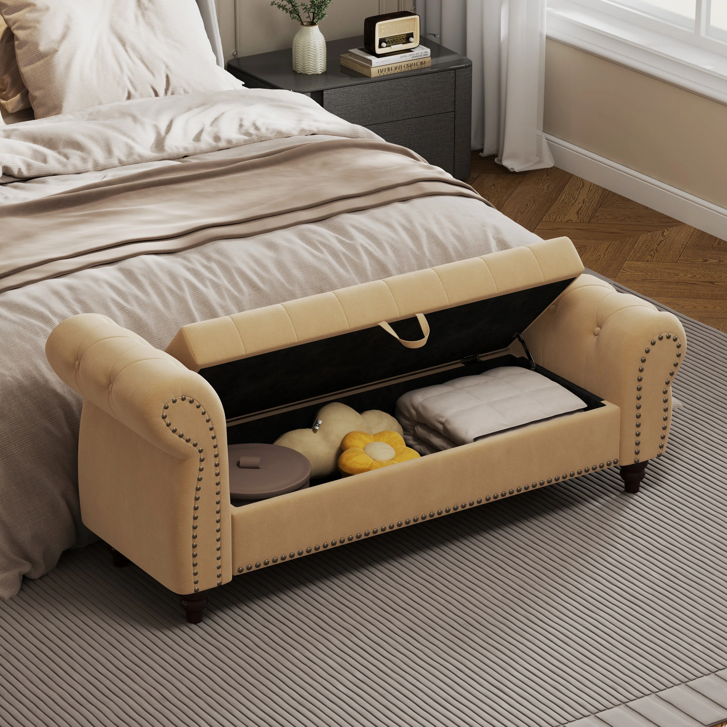 64.5' Velvet Upholstered Bed Bench with Storage and Tufted Nails - Image 6