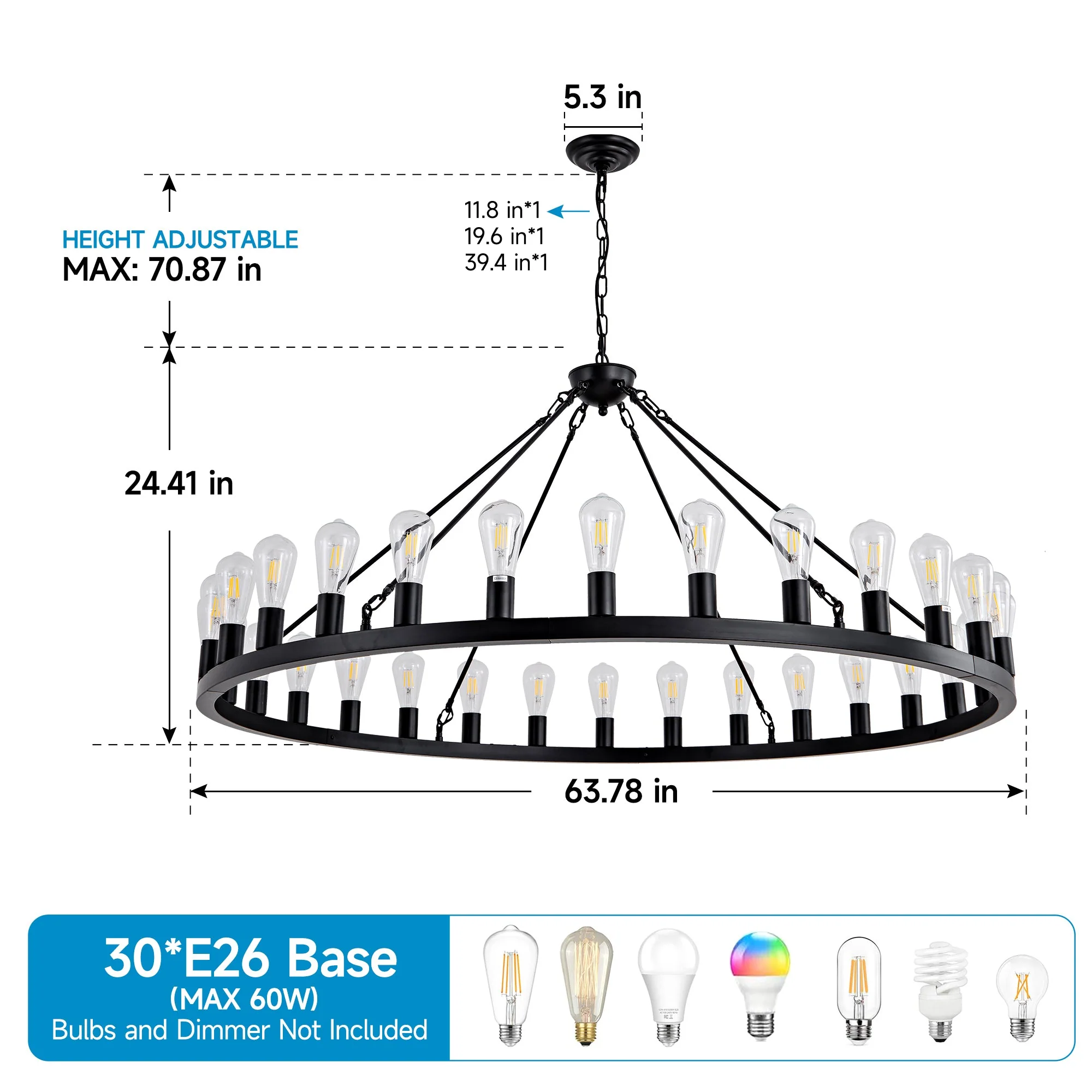 64 Inch Matte Black Wagon Wheel Chandelier with 30 Lights - Image 11