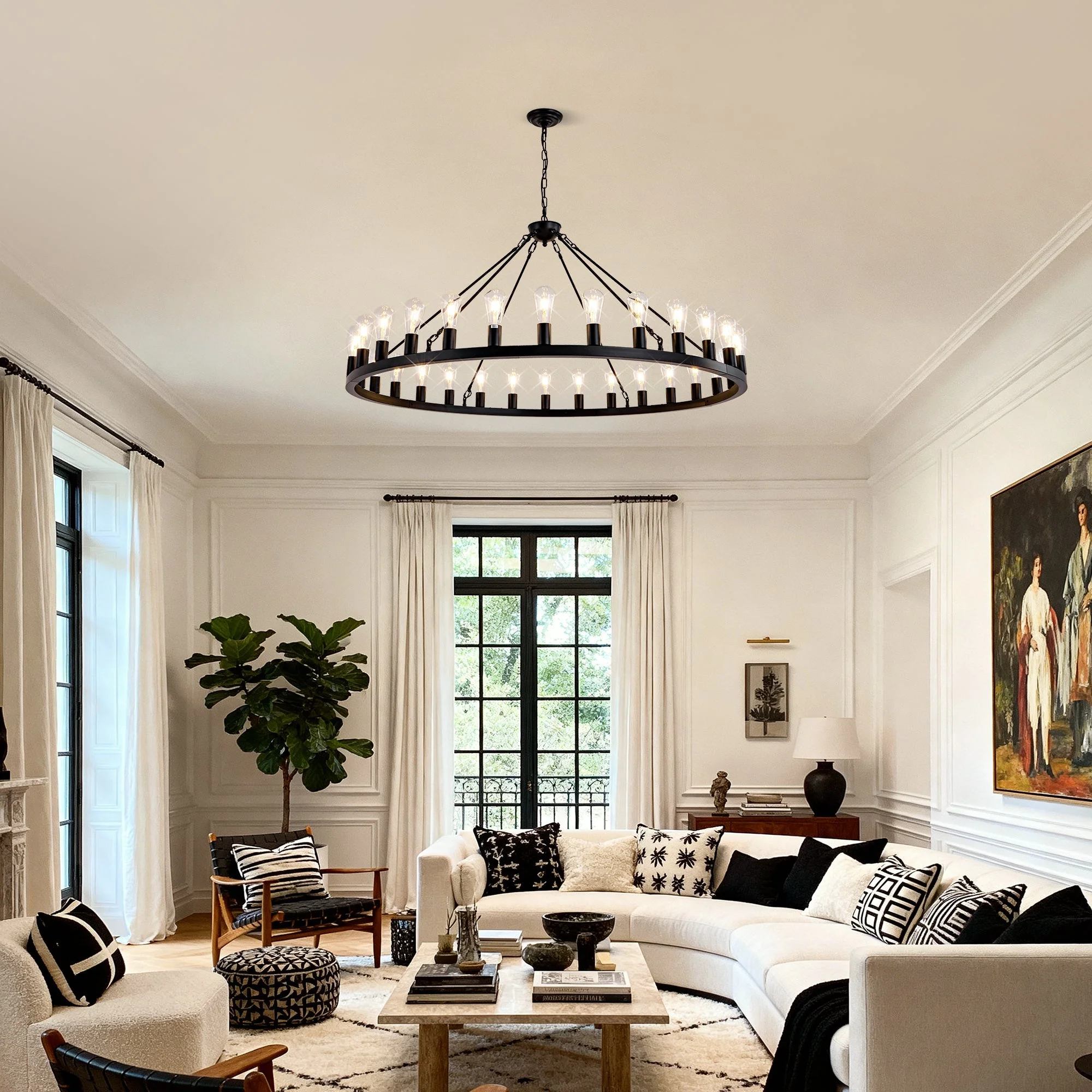 64 Inch Matte Black Wagon Wheel Chandelier with 30 Lights - Image 2