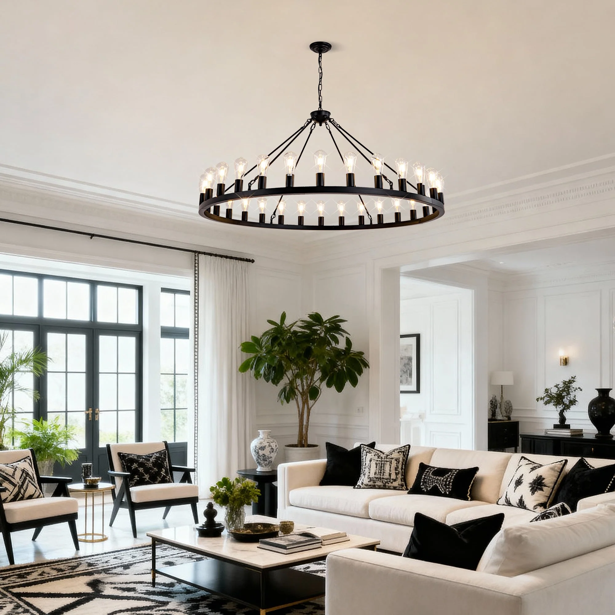 64 Inch Matte Black Wagon Wheel Chandelier with 30 Lights - Image 5