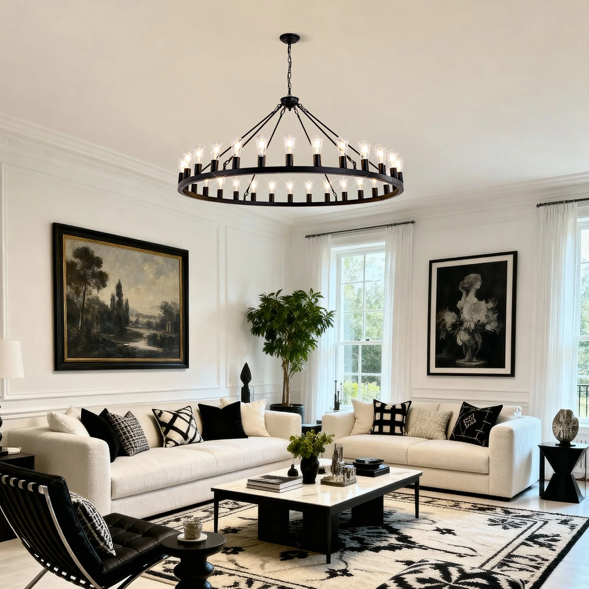 64 Inch Matte Black Wagon Wheel Chandelier with 30 Lights - Image 6