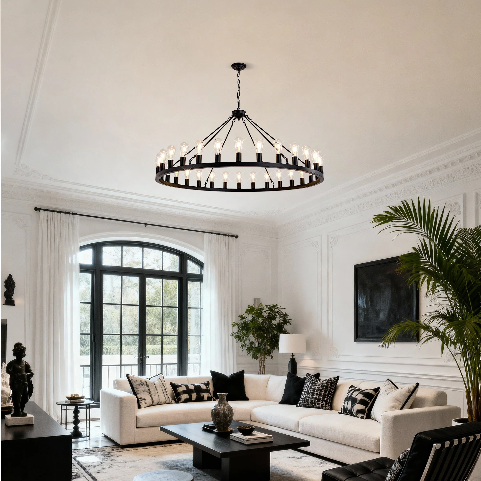 64 Inch Matte Black Wagon Wheel Chandelier with 30 Lights - Image 7