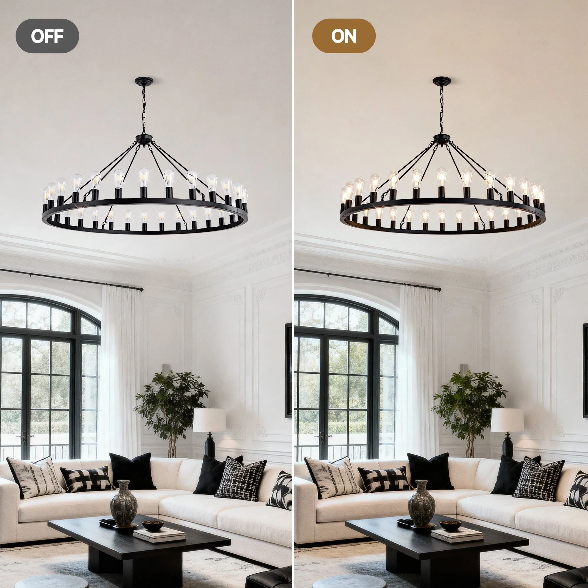 64 Inch Matte Black Wagon Wheel Chandelier with 30 Lights - Image 8