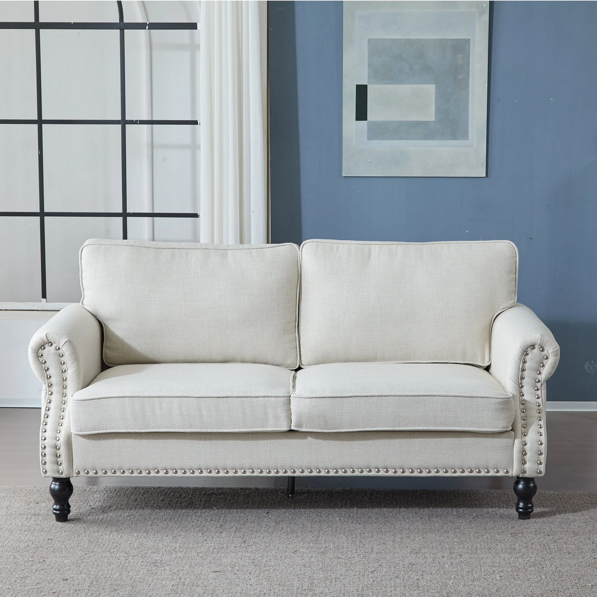 68 Inch Faux Leather Rolled Arm Sofa with Nailhead Trim - Image 2