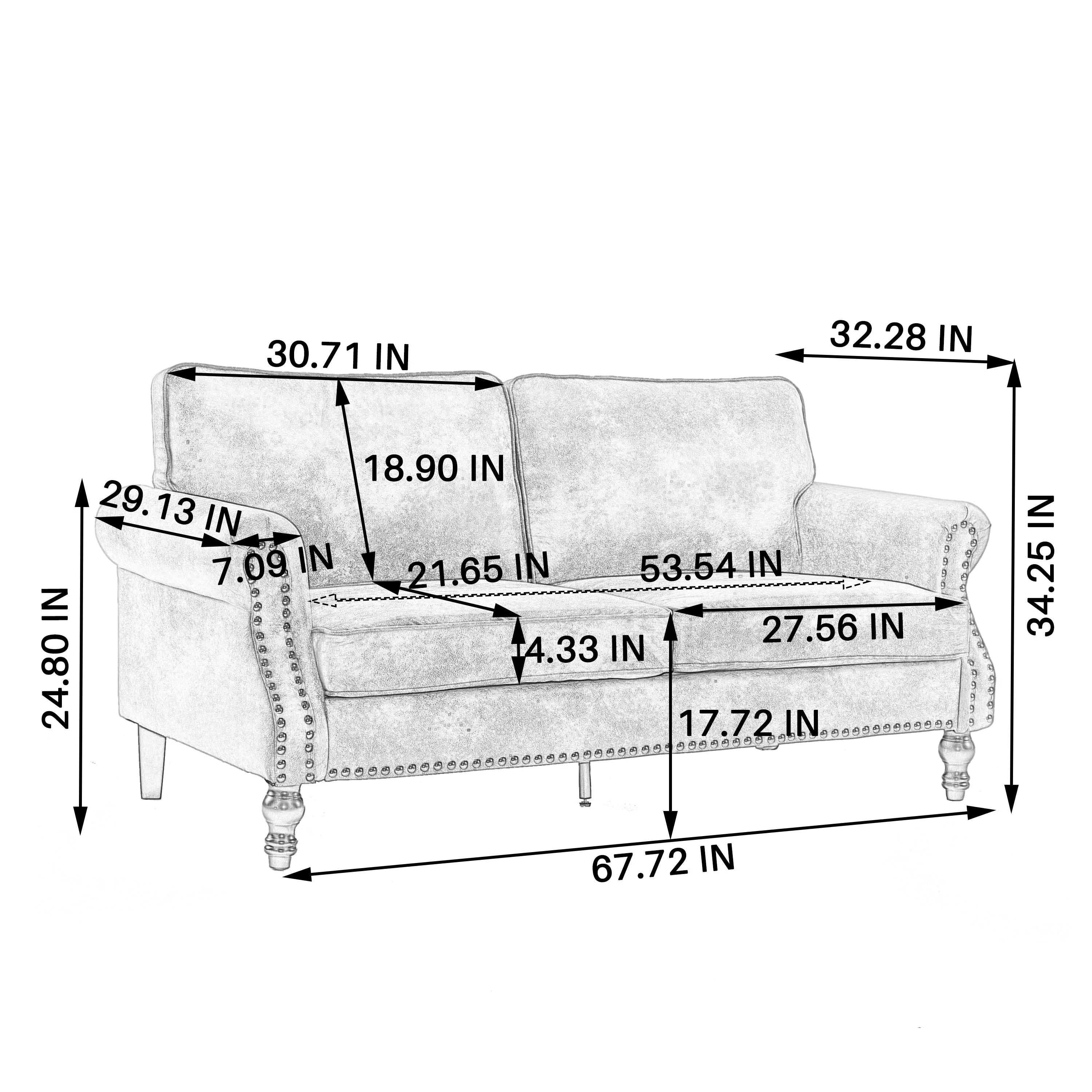 68 Inch Faux Leather Rolled Arm Sofa with Nailhead Trim - Image 3