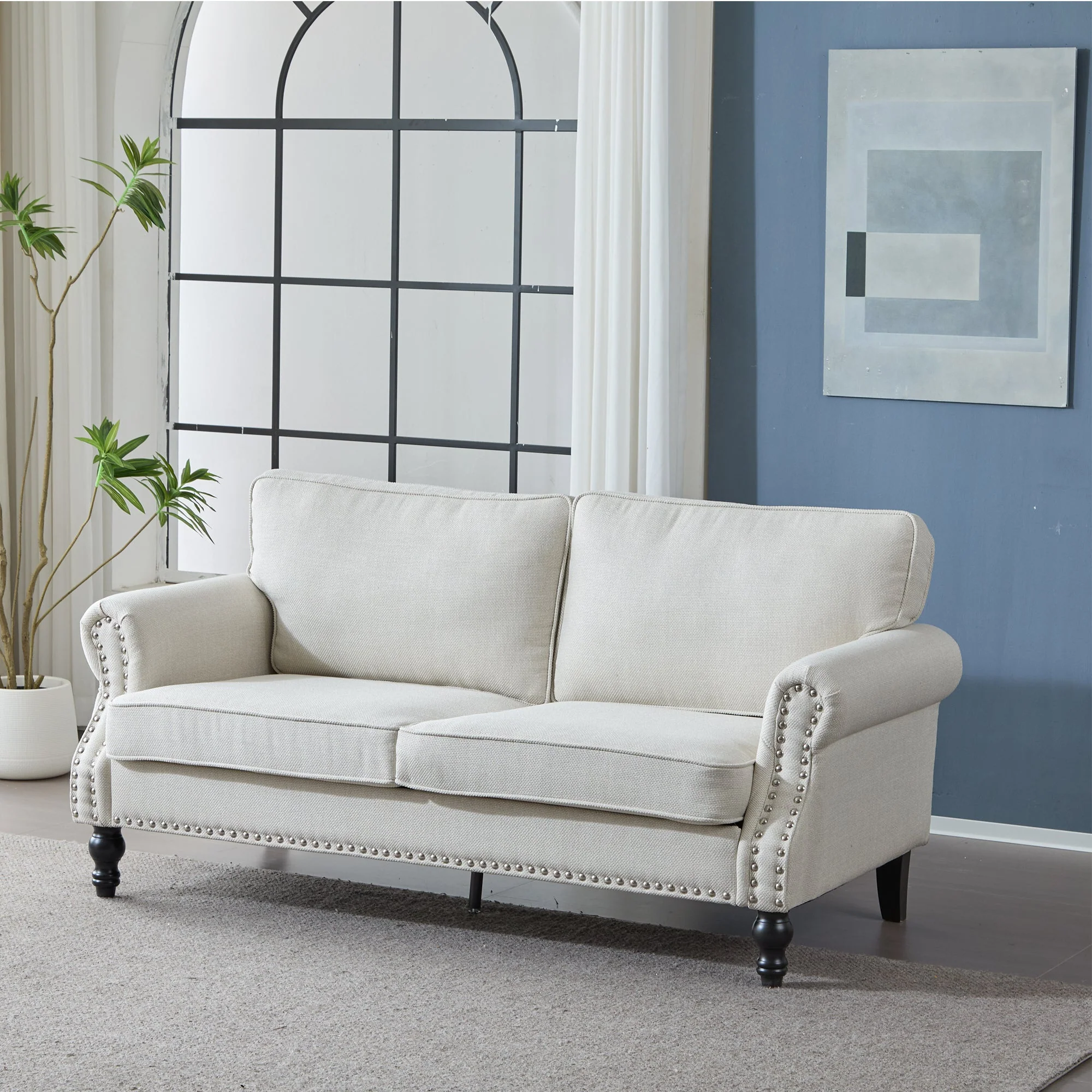 68 Inch Faux Leather Rolled Arm Sofa with Nailhead Trim - Image 4