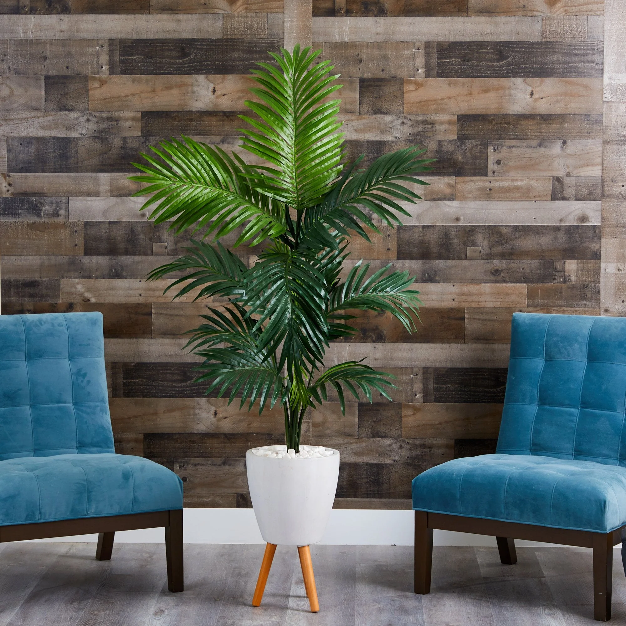 69” Kentia Artificial Palm Tree in White Planter with Stand - Image 3