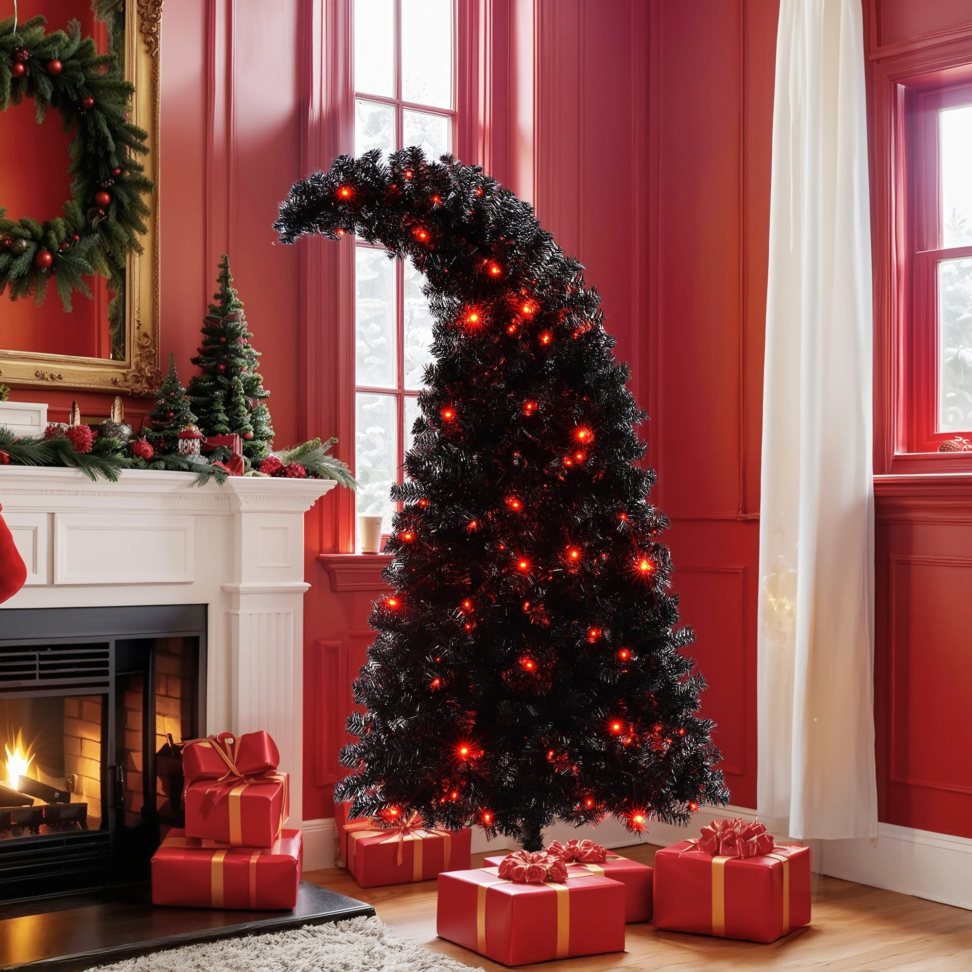 6Ft Curved Hat-Look Black Holiday Tree with Orange & Purple Lights