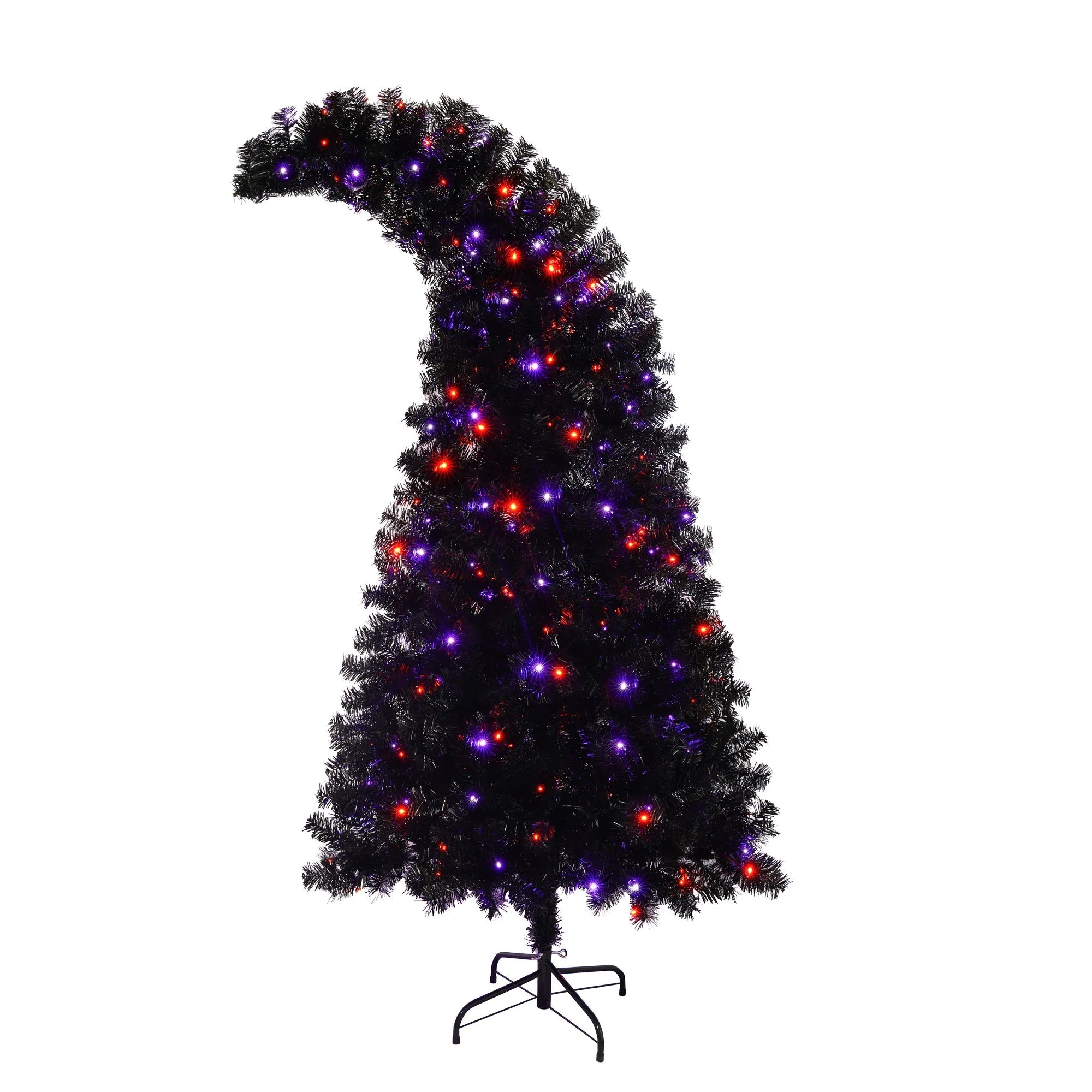 6Ft Curved Hat-Look Black Holiday Tree with Orange & Purple Lights - Image 10