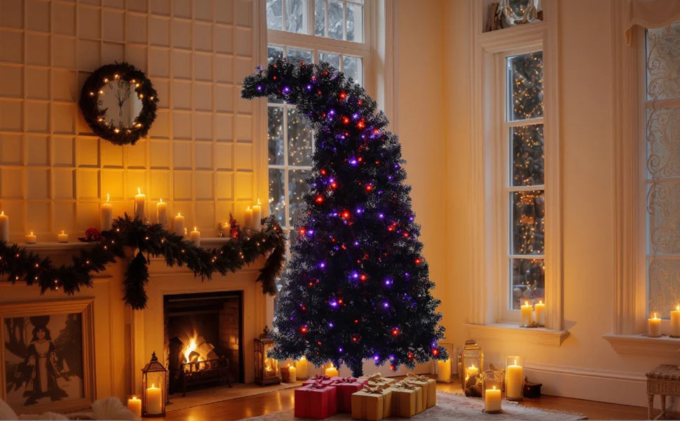 6Ft Curved Hat-Look Black Holiday Tree with Orange & Purple Lights - Image 17