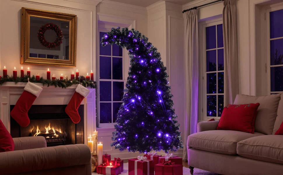 6Ft Curved Hat-Look Black Holiday Tree with Orange & Purple Lights - Image 18