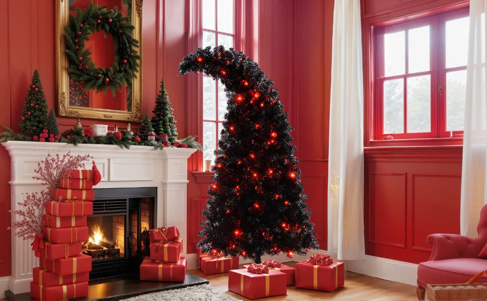 6Ft Curved Hat-Look Black Holiday Tree with Orange & Purple Lights - Image 19