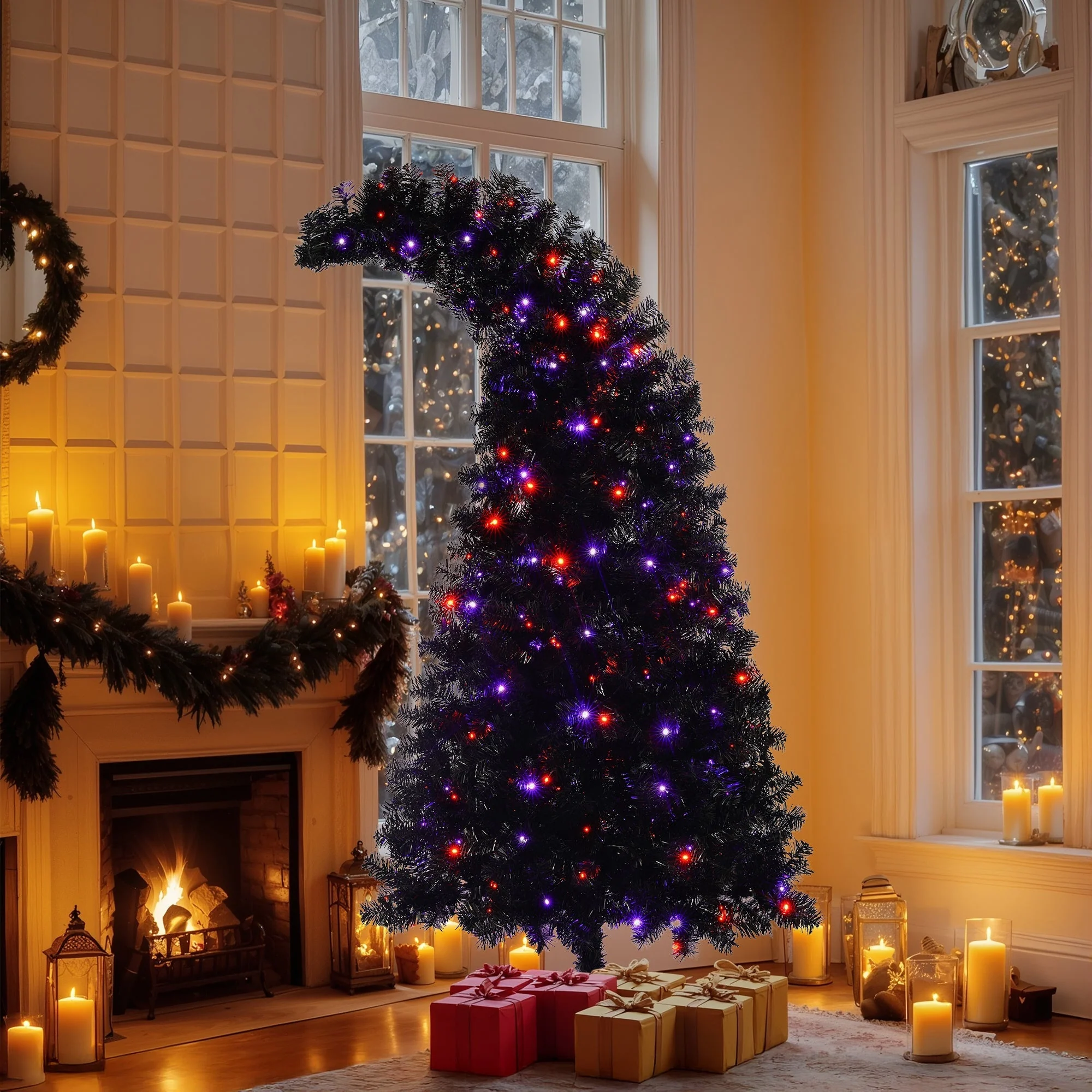 6Ft Curved Hat-Look Black Holiday Tree with Orange & Purple Lights - Image 2