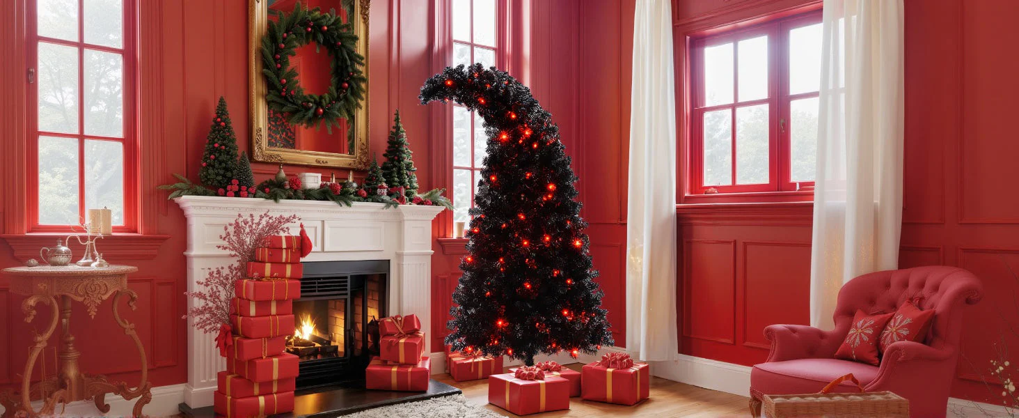 6Ft Curved Hat-Look Black Holiday Tree with Orange & Purple Lights - Image 21