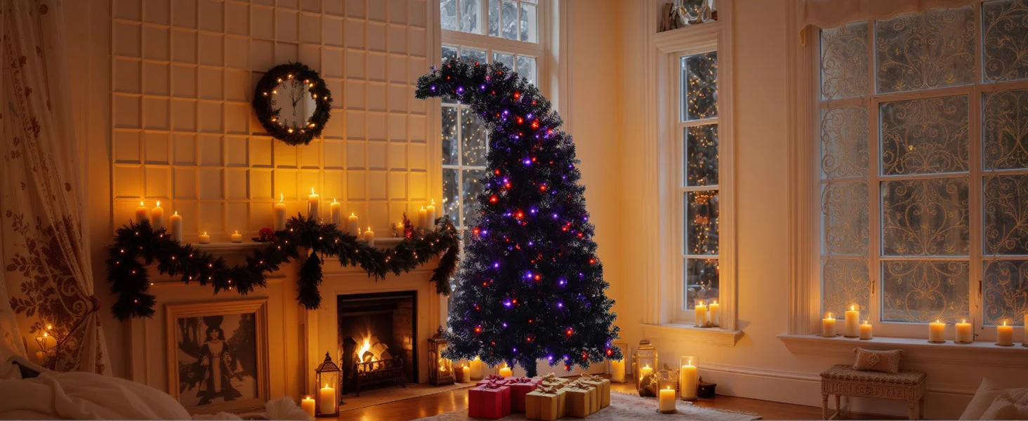 6Ft Curved Hat-Look Black Holiday Tree with Orange & Purple Lights - Image 22