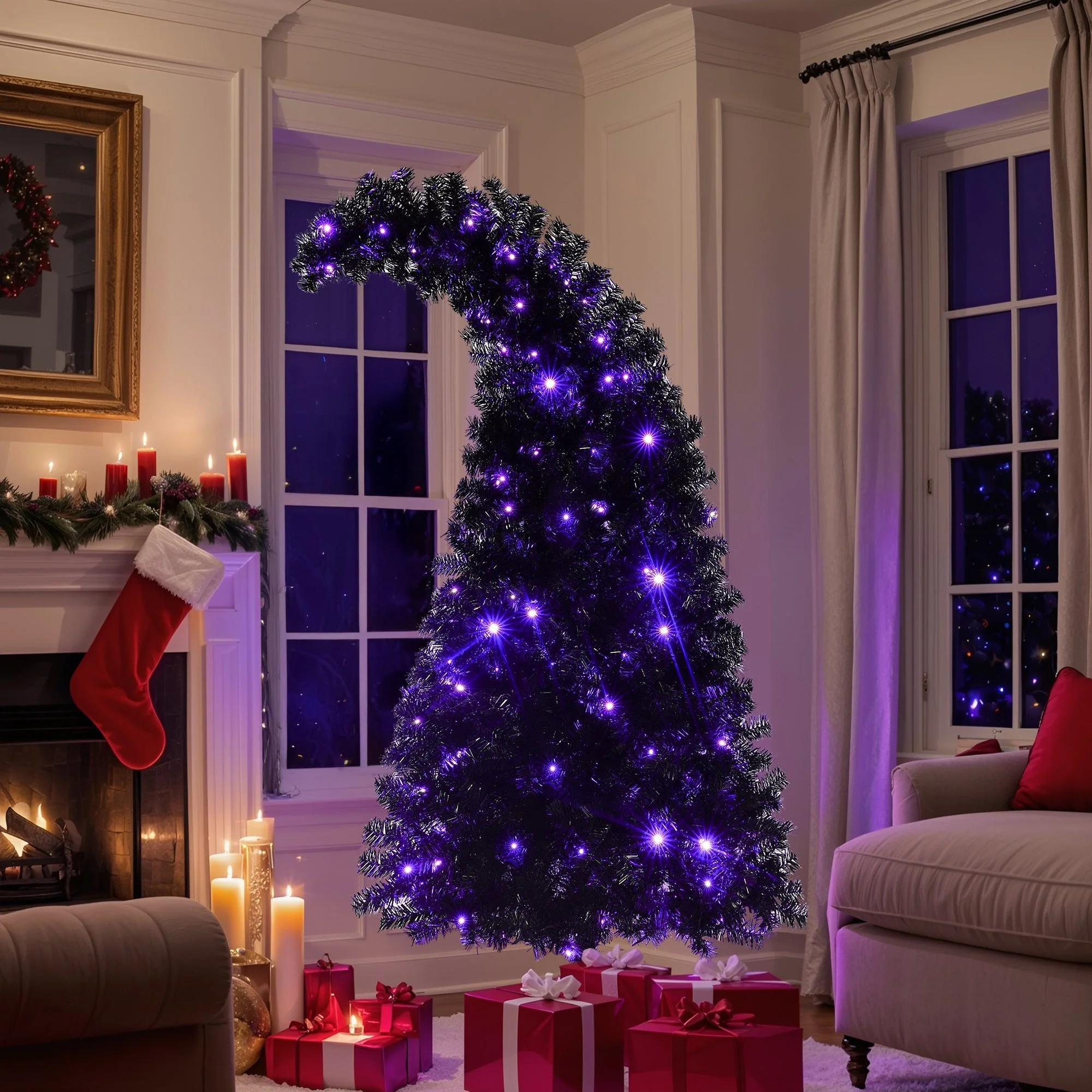 6Ft Curved Hat-Look Black Holiday Tree with Orange & Purple Lights - Image 3