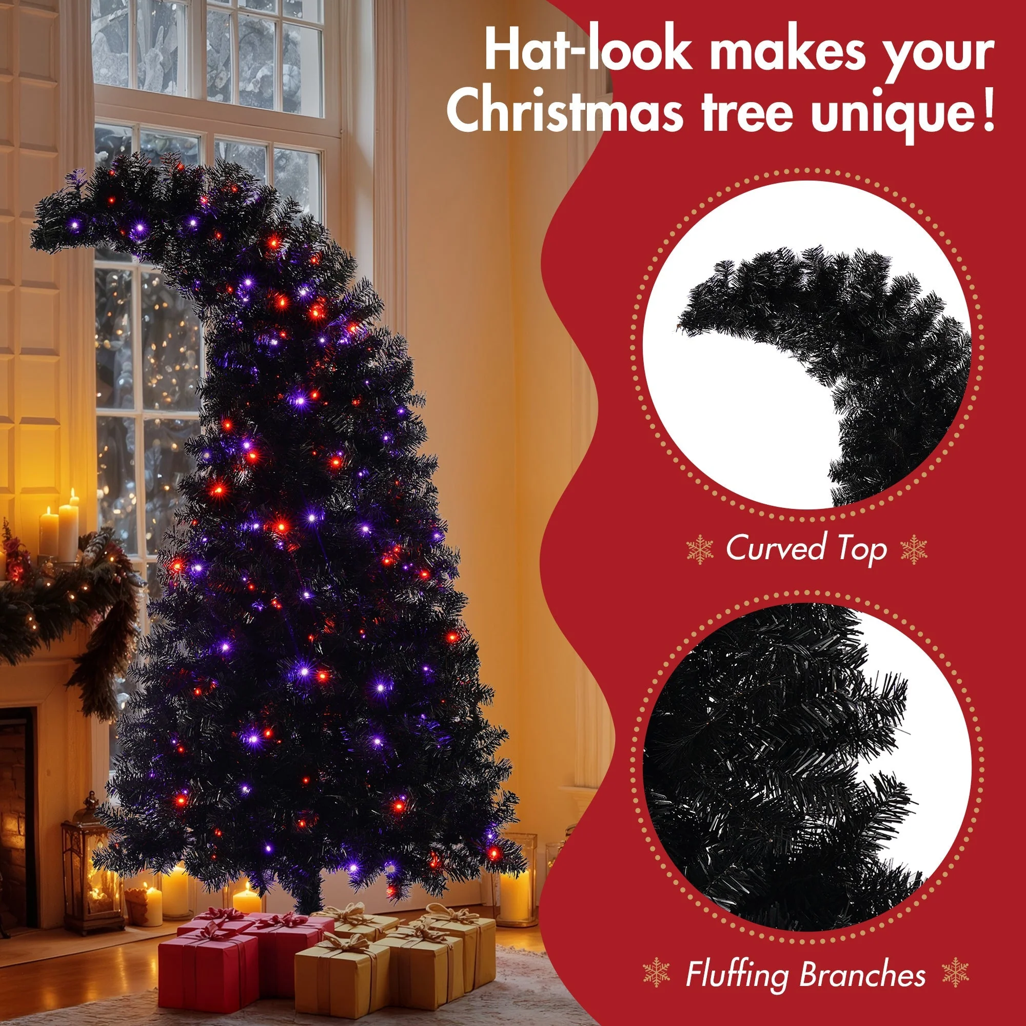 6Ft Curved Hat-Look Black Holiday Tree with Orange & Purple Lights - Image 4