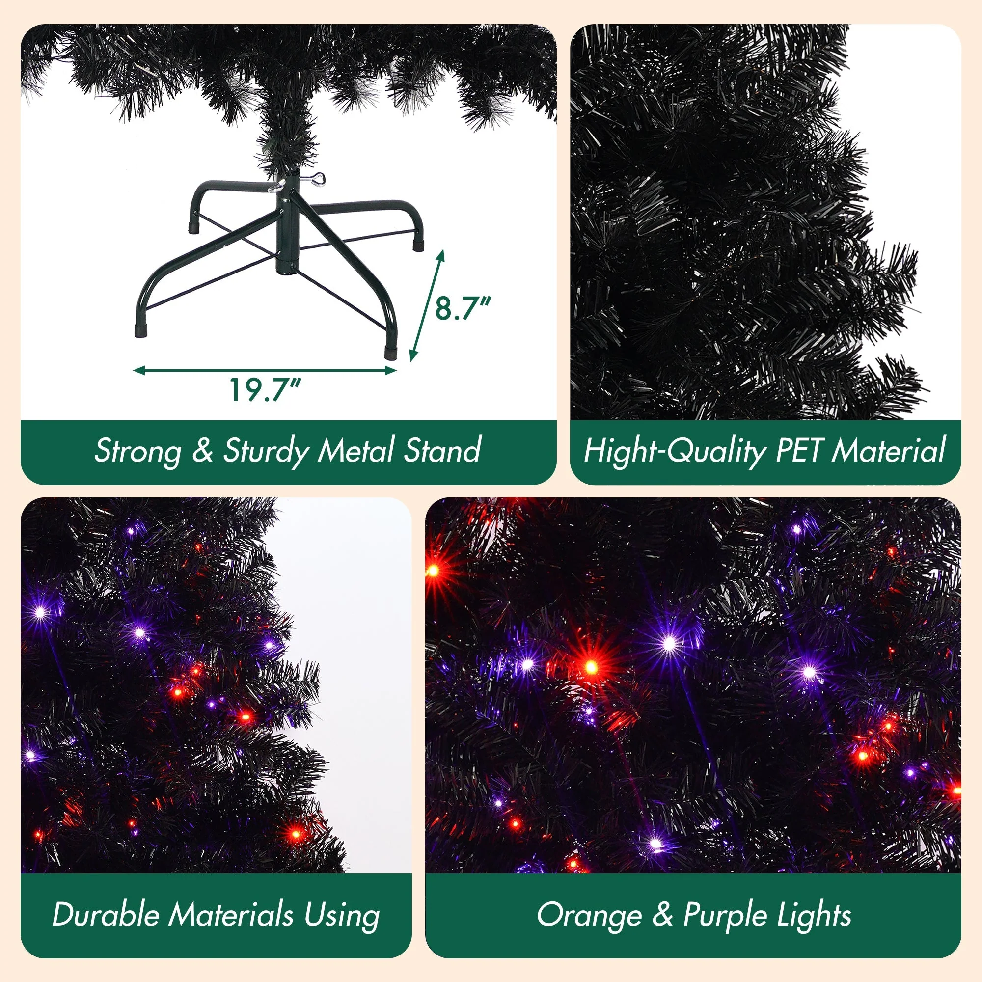 6Ft Curved Hat-Look Black Holiday Tree with Orange & Purple Lights - Image 5