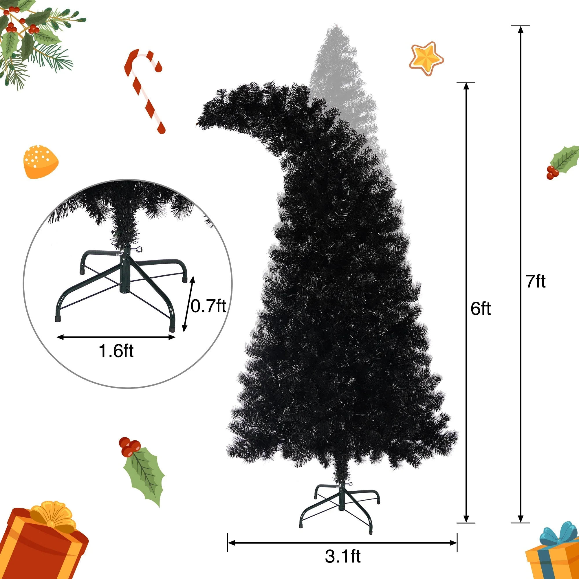 6Ft Curved Hat-Look Black Holiday Tree with Orange & Purple Lights - Image 7