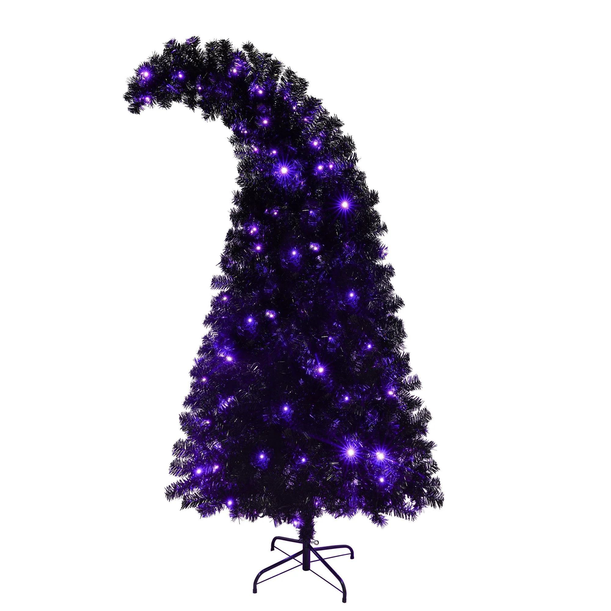 6Ft Curved Hat-Look Black Holiday Tree with Orange & Purple Lights - Image 8