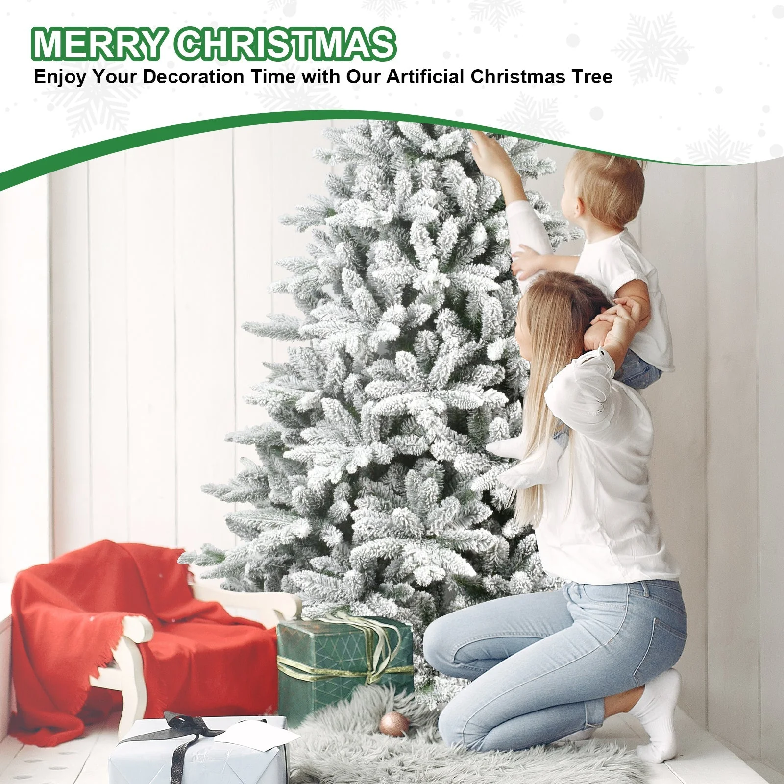 6ft Snow-Flocked Pre-Lit Christmas Tree with 1100 PE+PVC Tips - Image 11