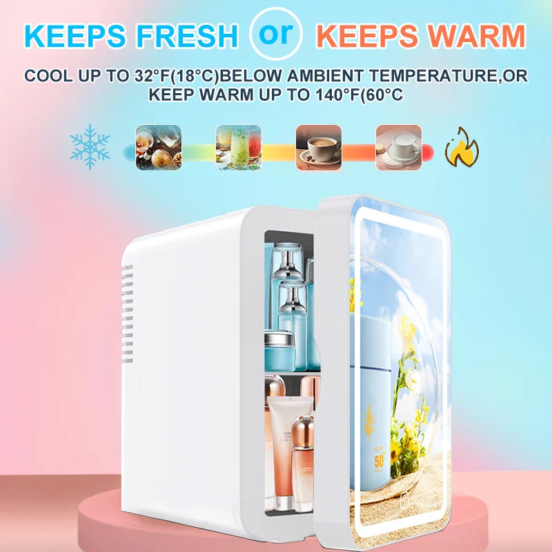 6L Mirror Beauty Mini Fridge LED Makeup Skincare Cooler Warmer Portable - Image 2