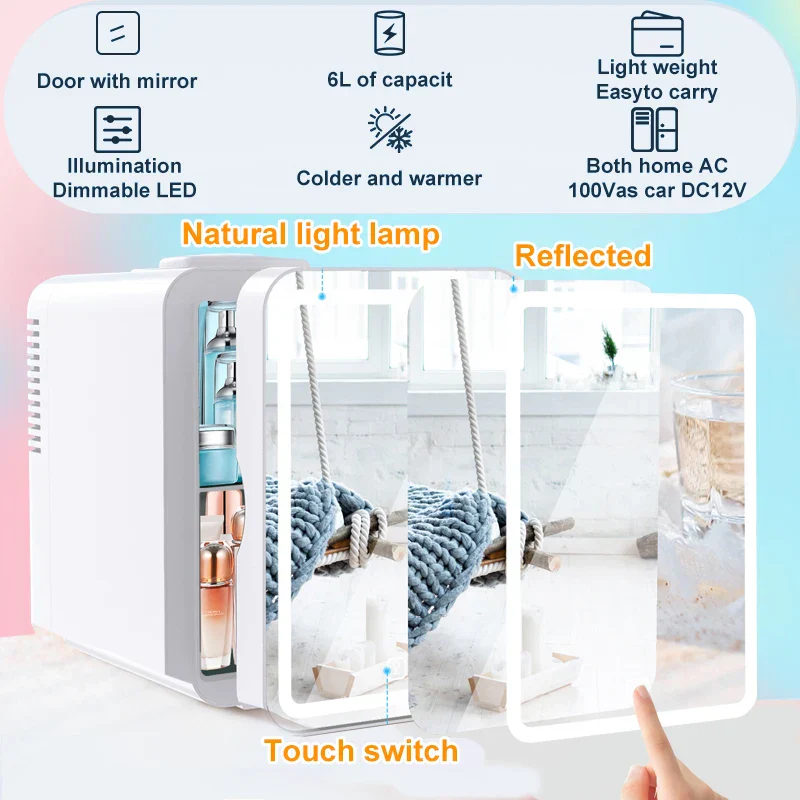 6L Mirror Beauty Mini Fridge LED Makeup Skincare Cooler Warmer Portable - Image 6