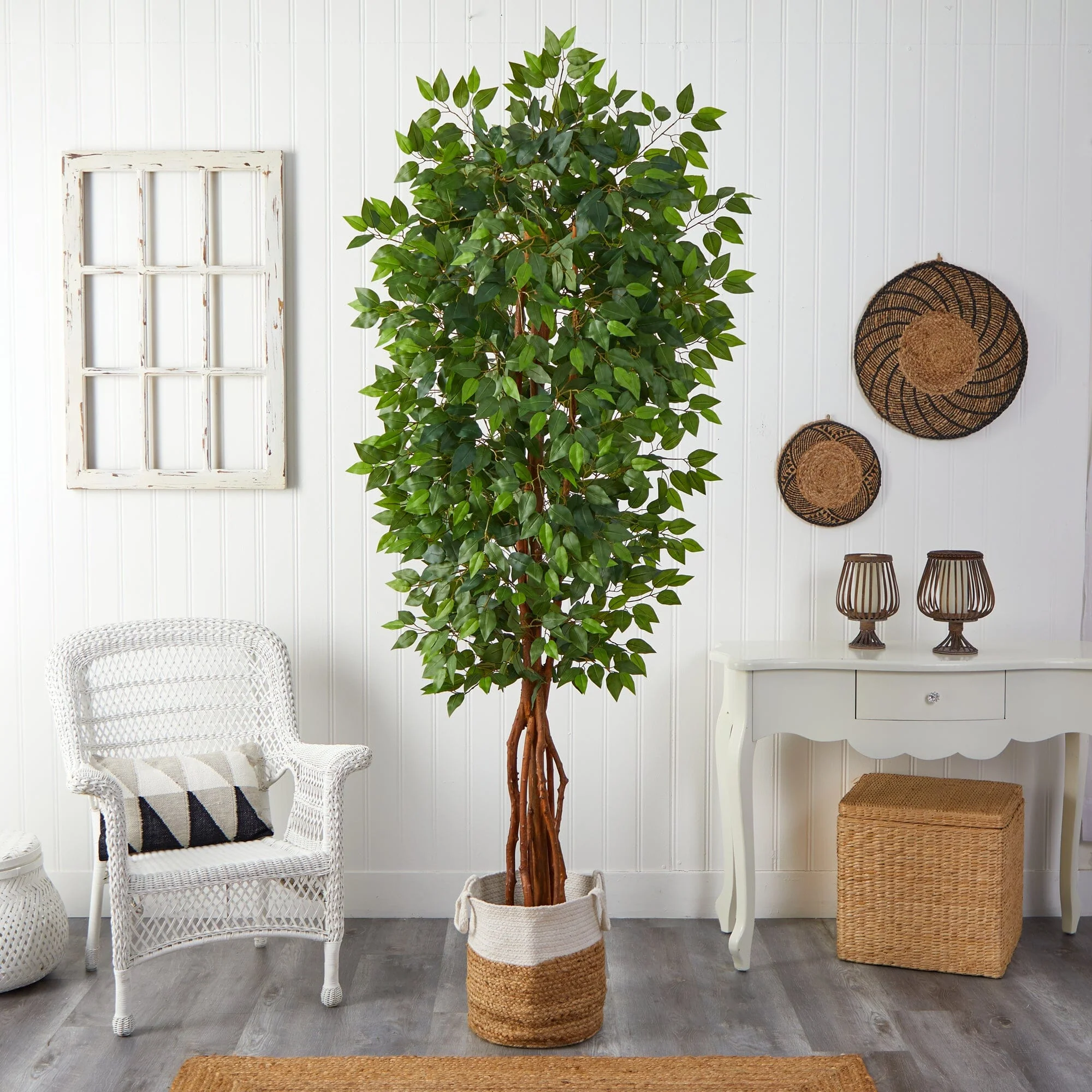 7.5' Artificial Deluxe Ficus Tree with Handmade Jute & Cotton Basket - Image 2