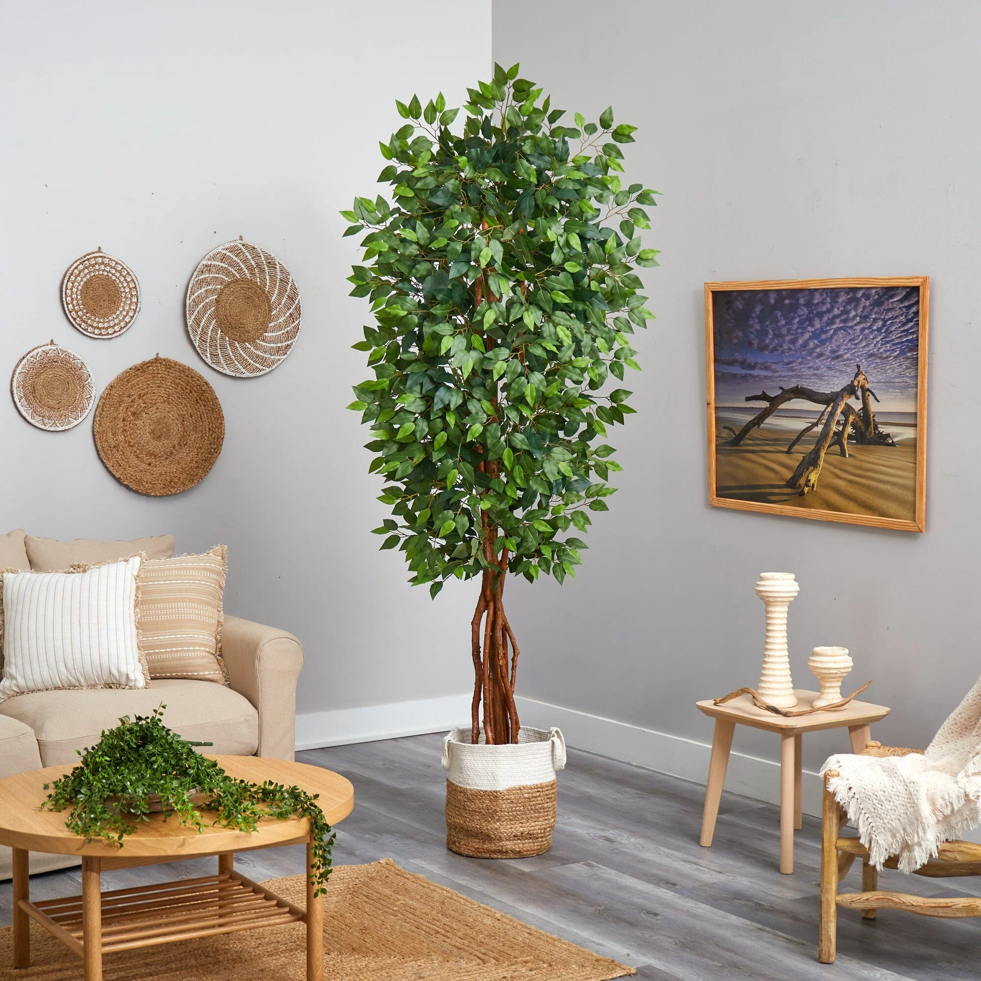7.5' Artificial Deluxe Ficus Tree with Handmade Jute & Cotton Basket - Image 4