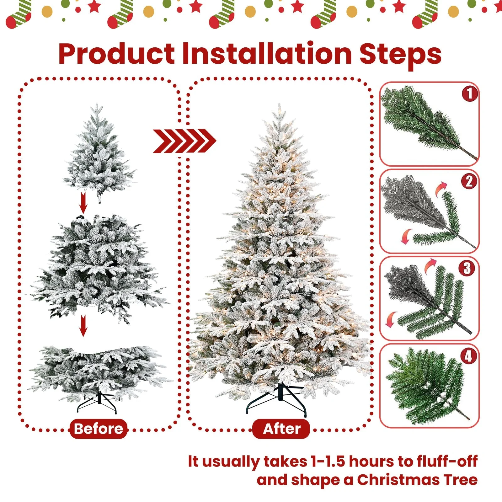 7.5ft Pre-Lit Flocked Artificial Christmas Tree - Image 5