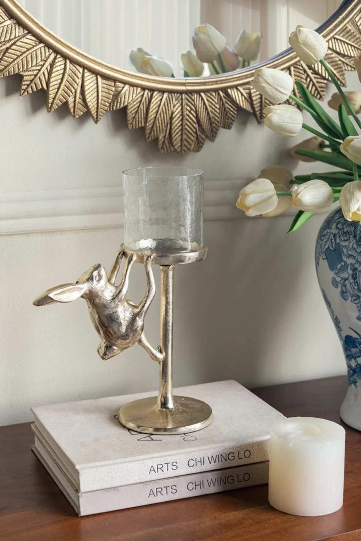 7.9x4x11' Gold Rabbit Pillar Candle Holder with Clear Glass Hurricane Shade