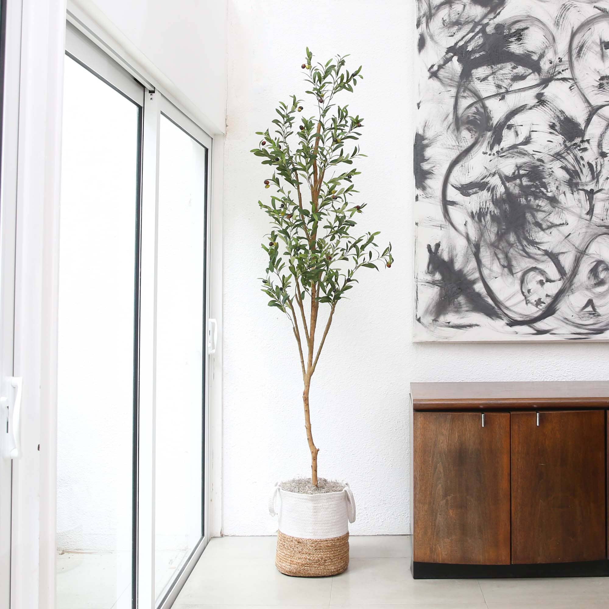 7’ Artificial Olive Tree with Natural Trunk and Handmade Jute Basket - Image 3