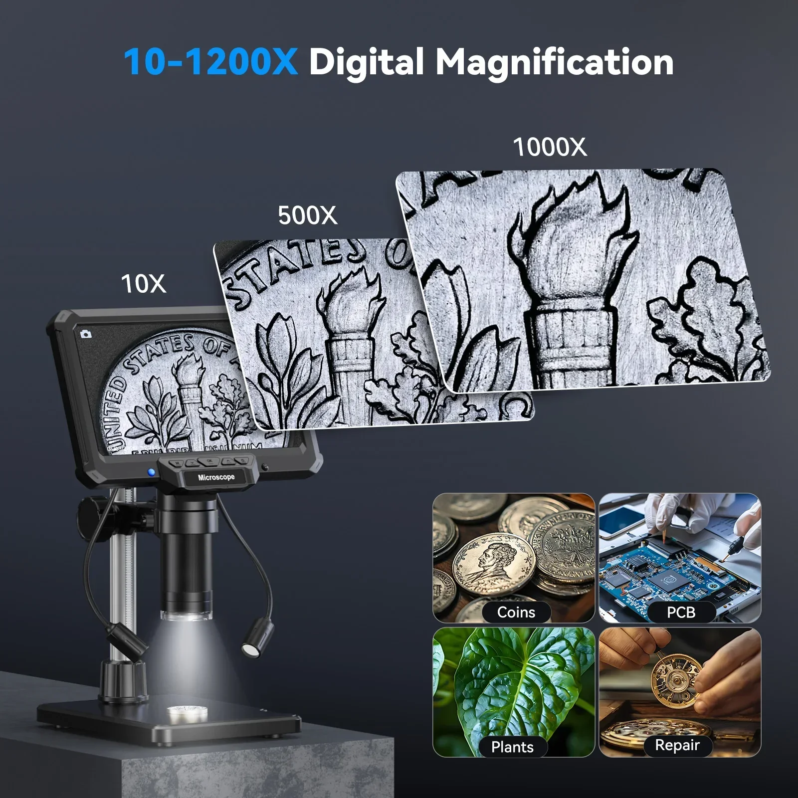 7 Inch Digital Microscope 1200X 16MP Coin PCB Soldering Repair Camera - Image 6