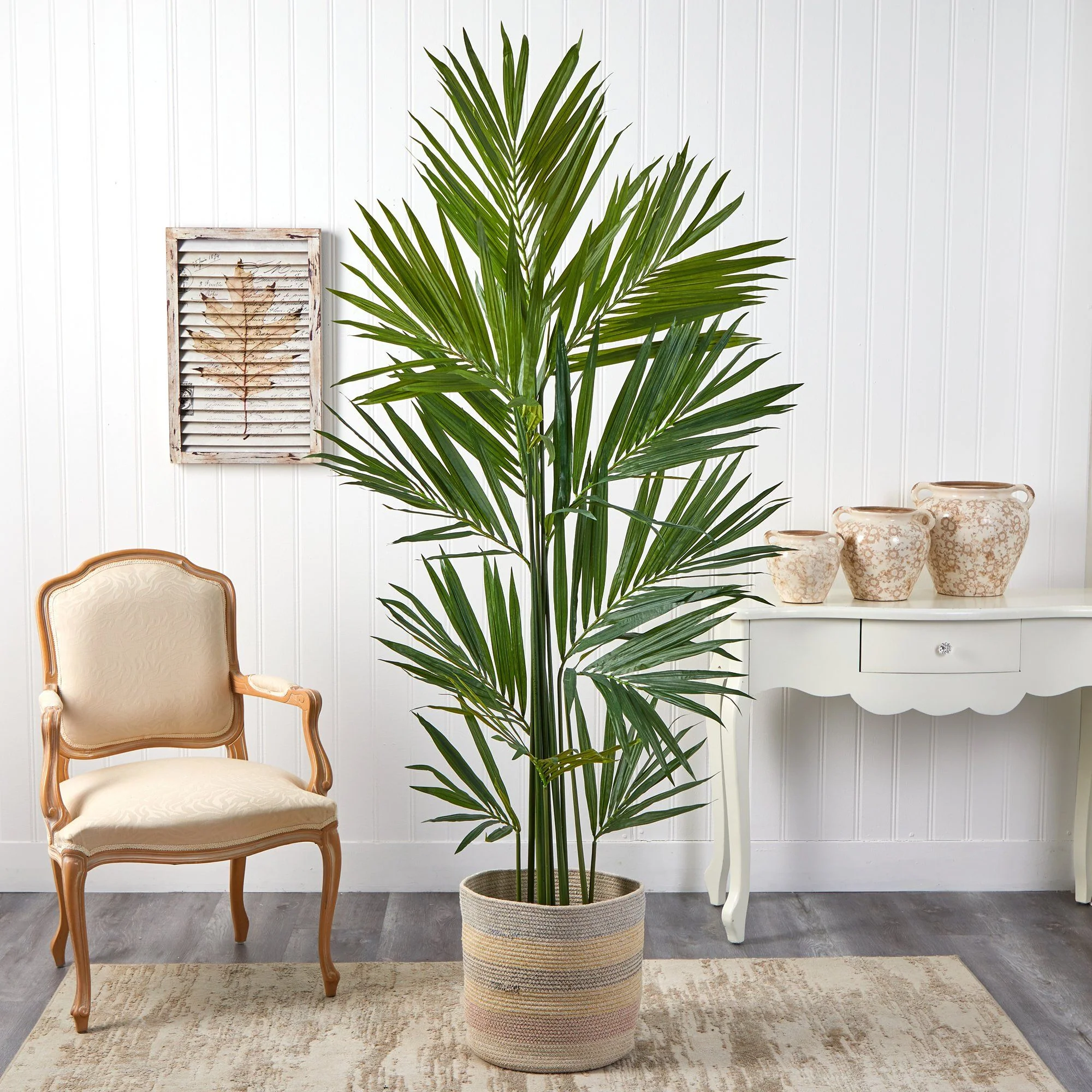 7’ Kentia Artificial Palm in Handmade Natural Cotton Multicolored Woven Planterr - Image 3