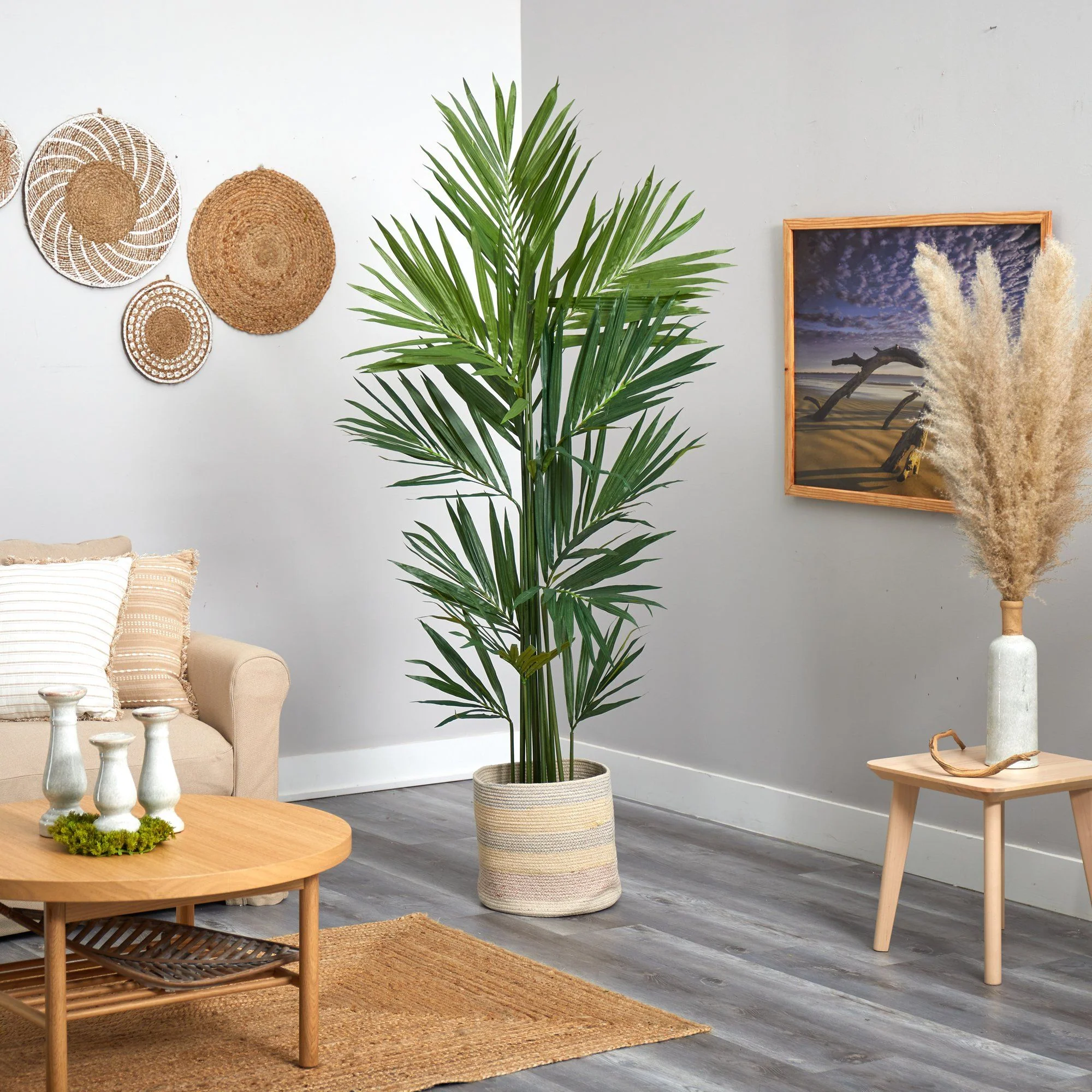 7’ Kentia Artificial Palm in Handmade Natural Cotton Multicolored Woven Planterr - Image 4