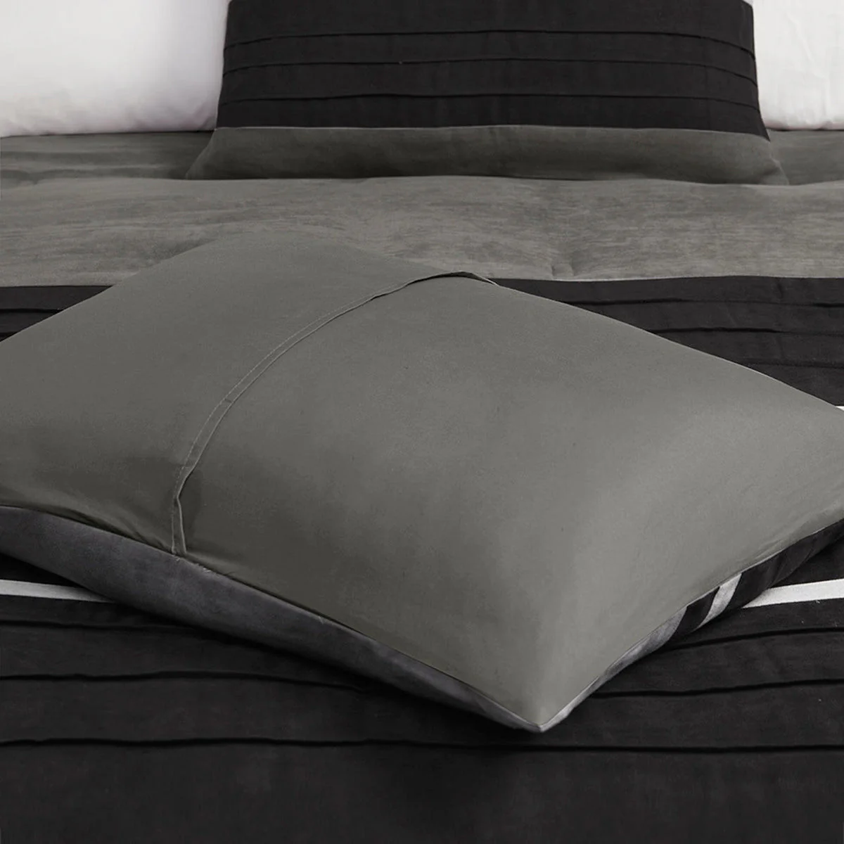 7 PC Pieced Faux Suede Comforter Set Black King - Image 10