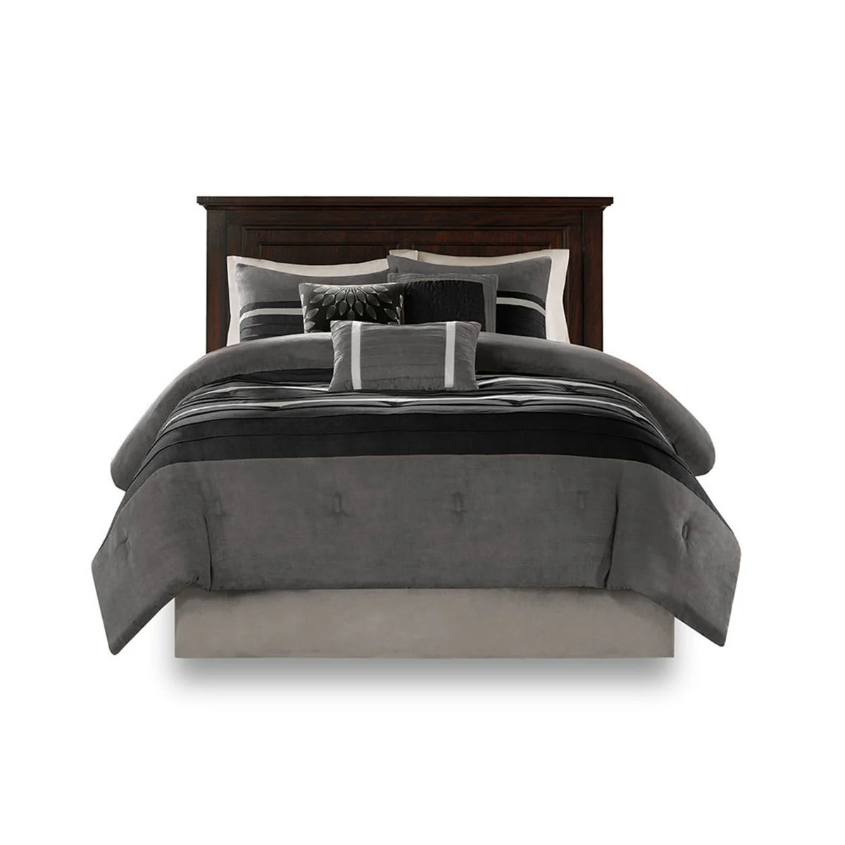 7 Pc Pieced Faux Suede Comforter Set Black Queen - Image 12