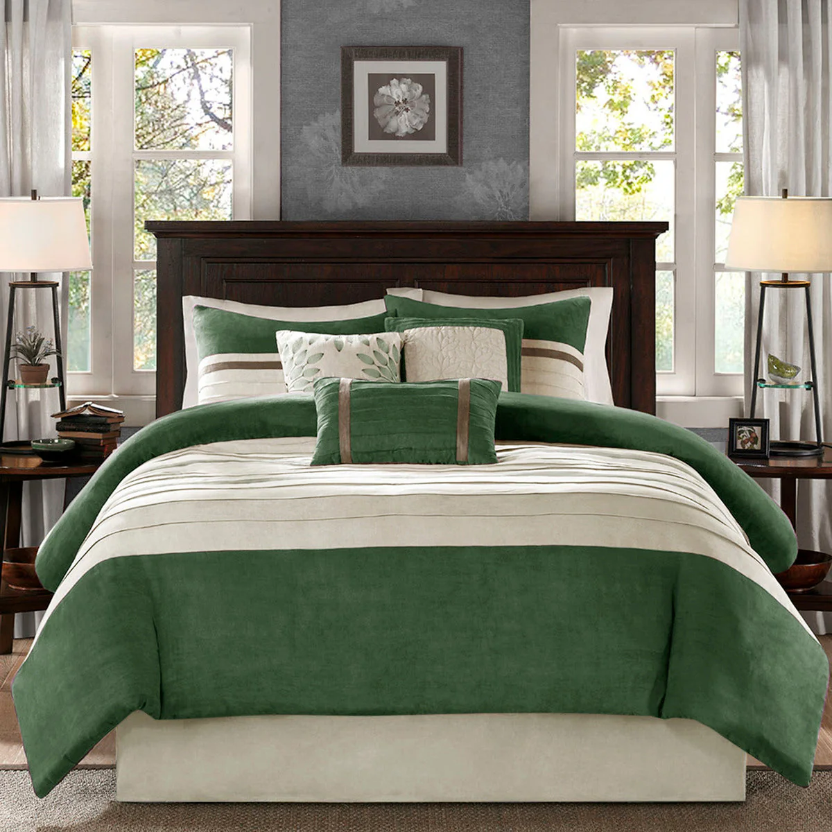7 PC Pieced Faux Suede Comforter Set Green Cal King - Image 9