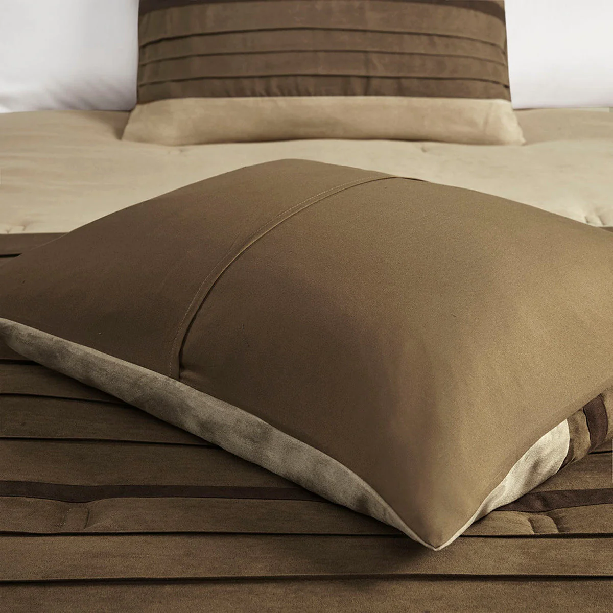 7 PC Pieced Faux Suede Comforter Set Natural Queen - Image 11