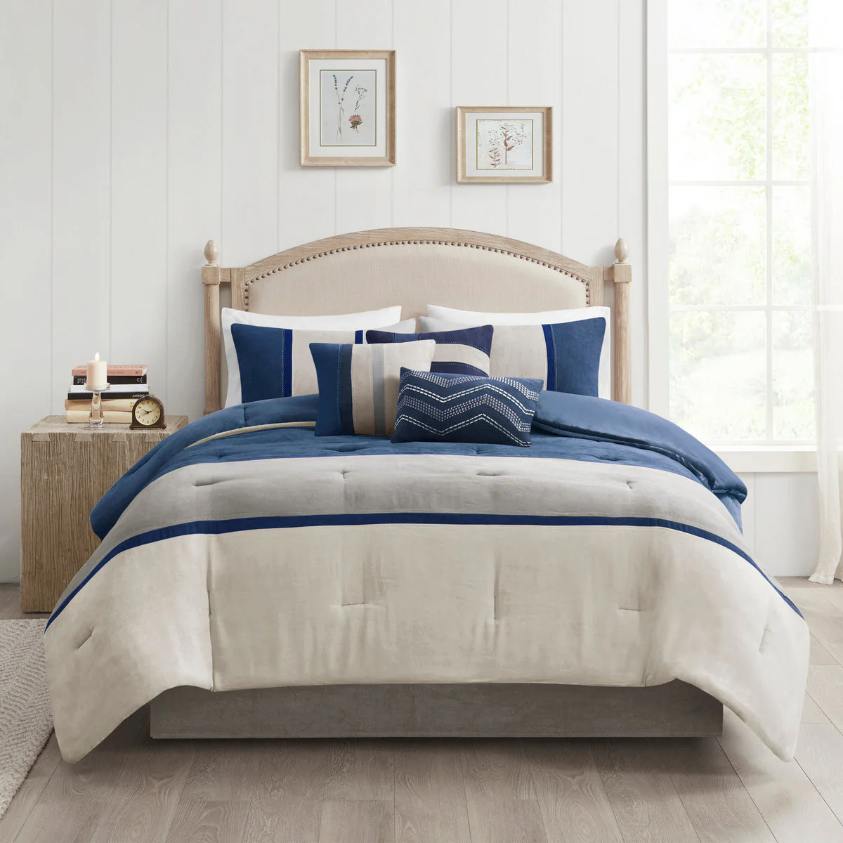 7 Piece Faux Suede Comforter Set Blue California King - Image 3
