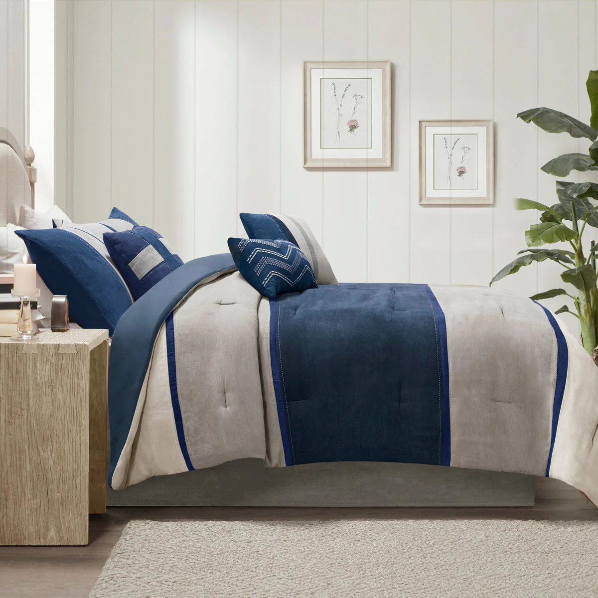 7 Piece Faux Suede Comforter Set Blue California King - Image 4