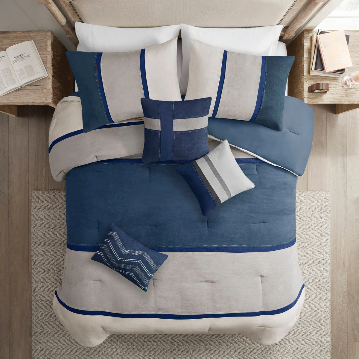 7 Piece Faux Suede Comforter Set Blue King - Image 2