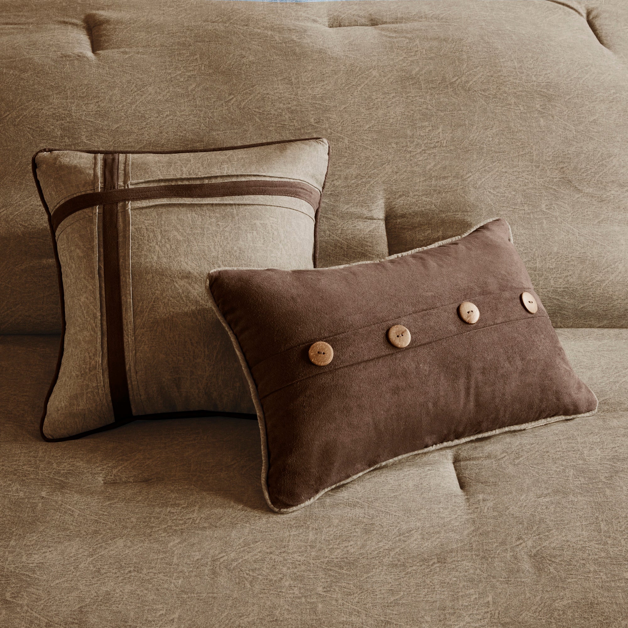 7 Piece Faux Suede Comforter Set Brown California King - Image 7