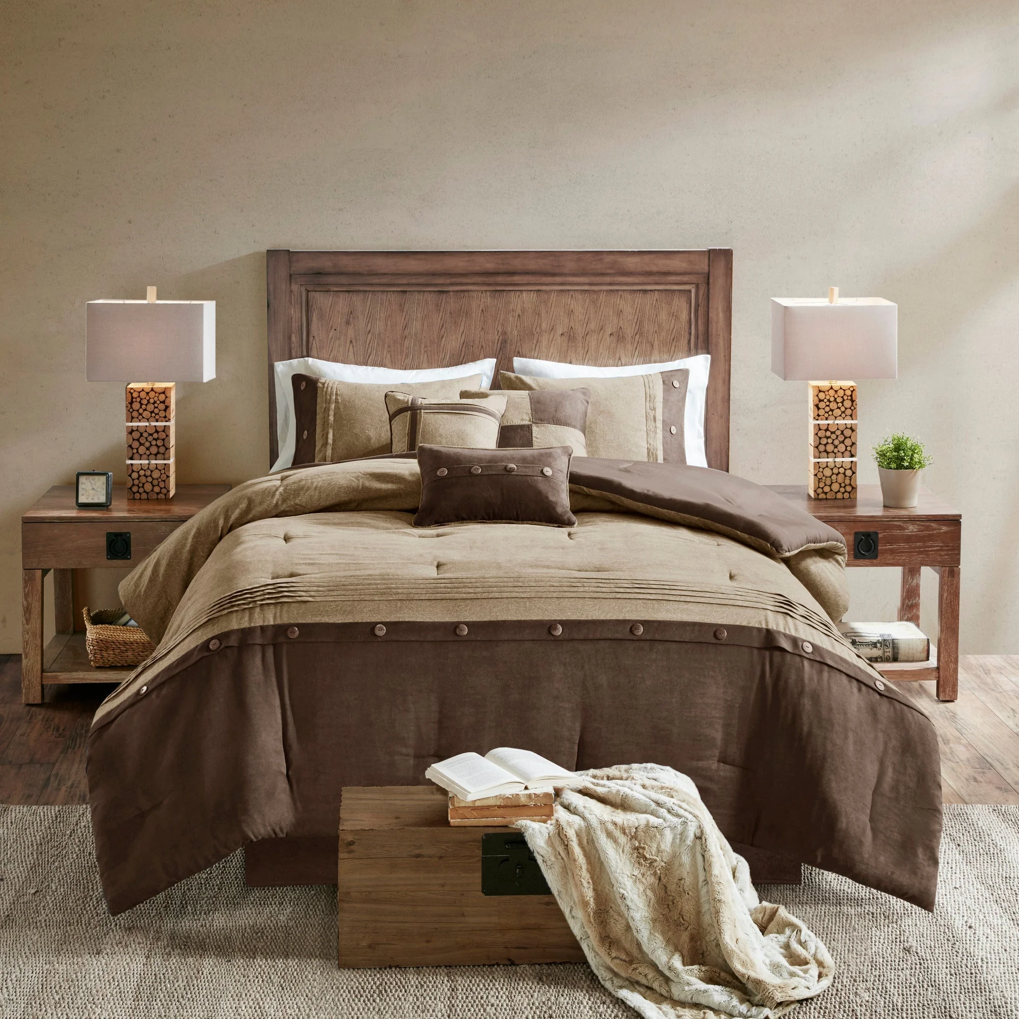 7 Piece Faux Suede Comforter Set Brown King - Image 3