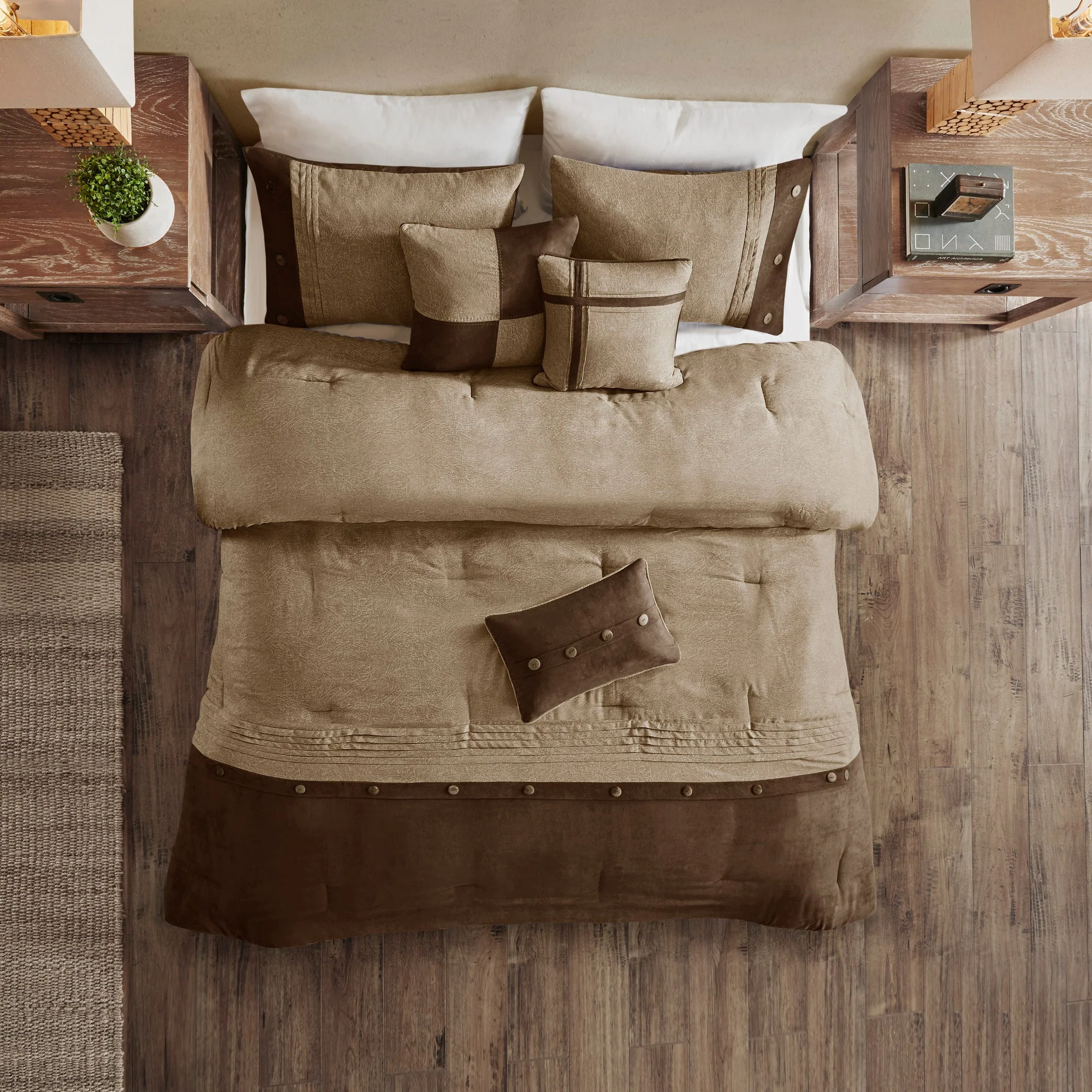 7 Piece Faux Suede Comforter Set Brown King - Image 4