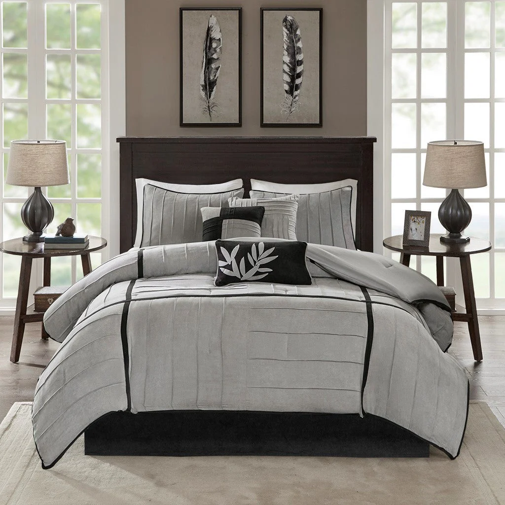 7 Piece Faux Suede Comforter Set Grey Full - Image 2
