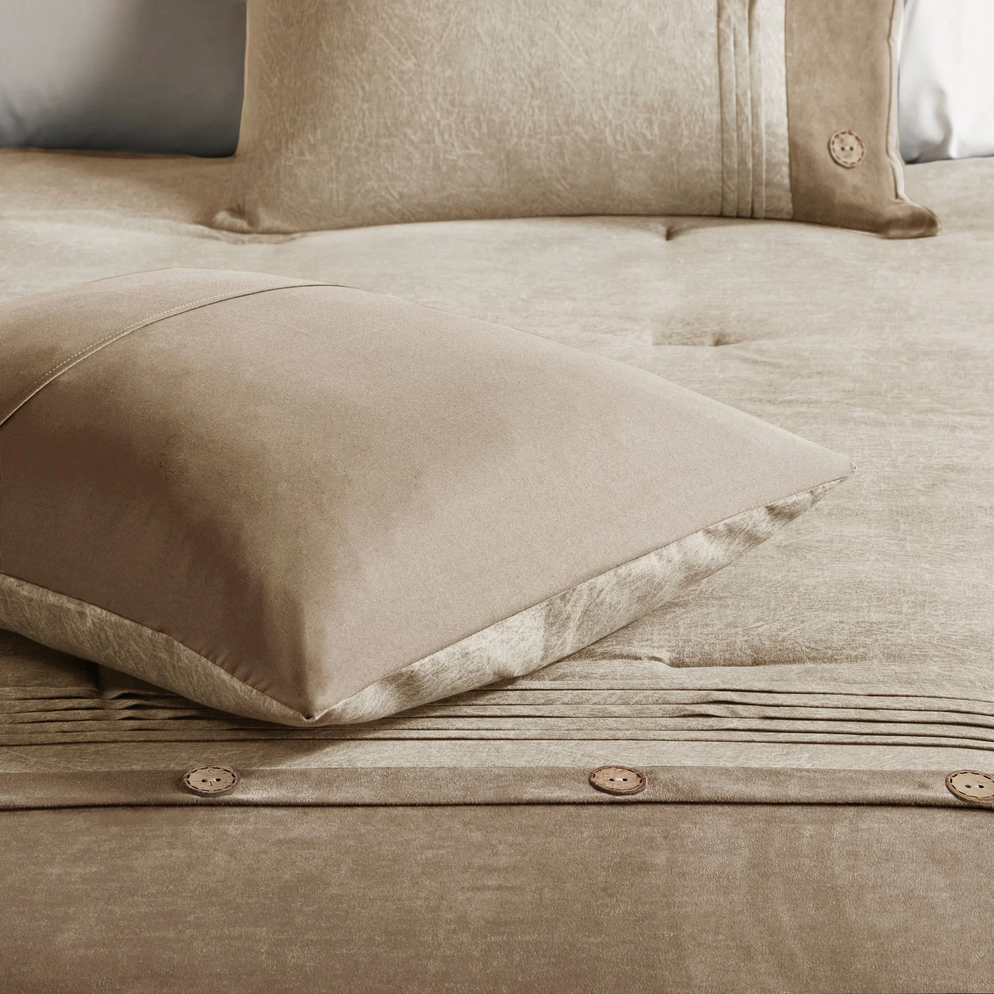 7 Piece Faux Suede Comforter Set Tan King - Image 14