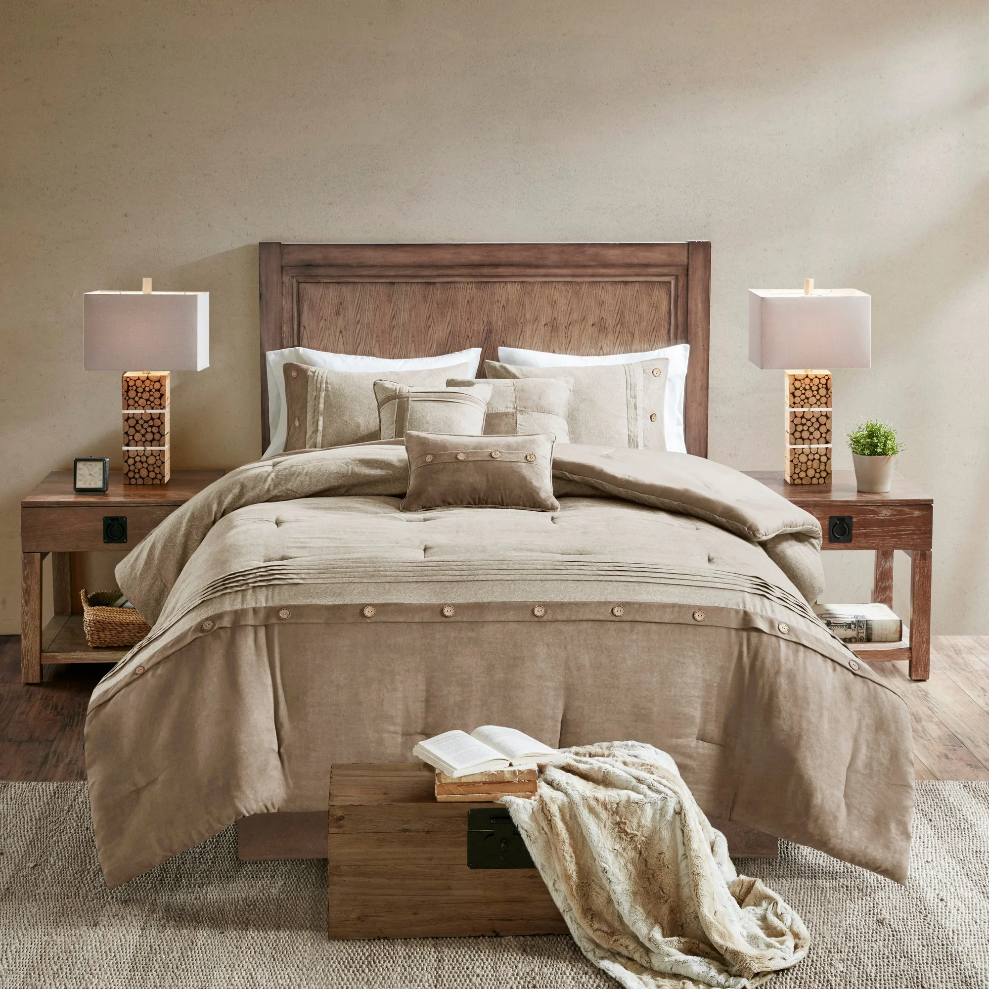 7 Piece Faux Suede Comforter Set Tan Queen - Image 6