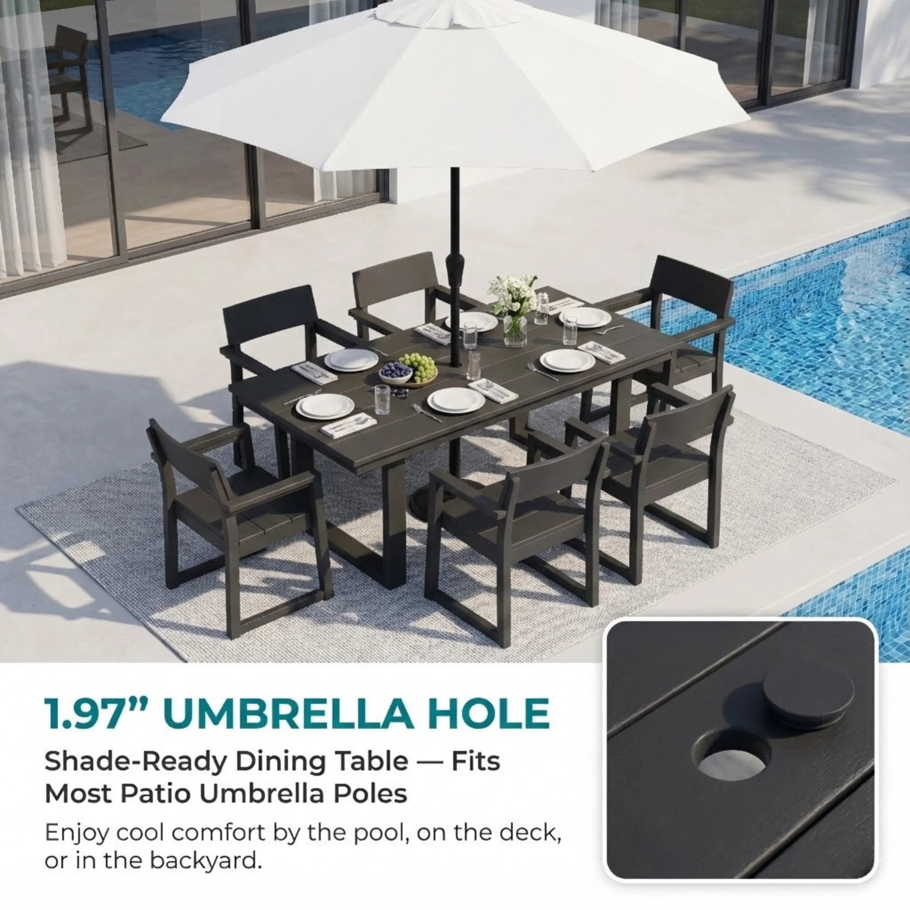 7-Piece HDPE Outdoor Dining Set for 6 – Weather-Resistant Patio Table with Umbrella Hole and 6 Armrest Chairs (Black) - Image 2