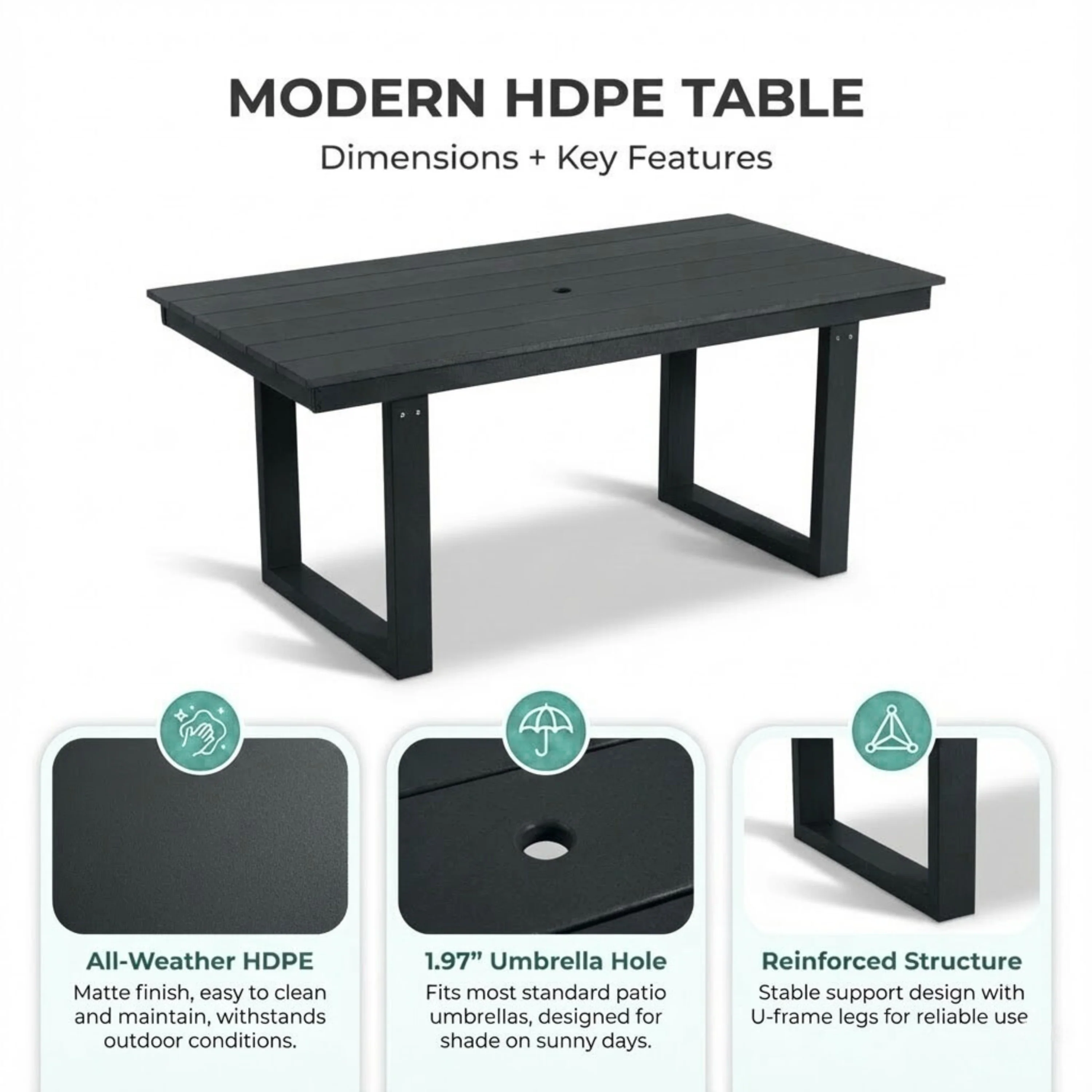 7-Piece HDPE Outdoor Dining Set for 6 – Weather-Resistant Patio Table with Umbrella Hole and 6 Armrest Chairs (Black) - Image 4